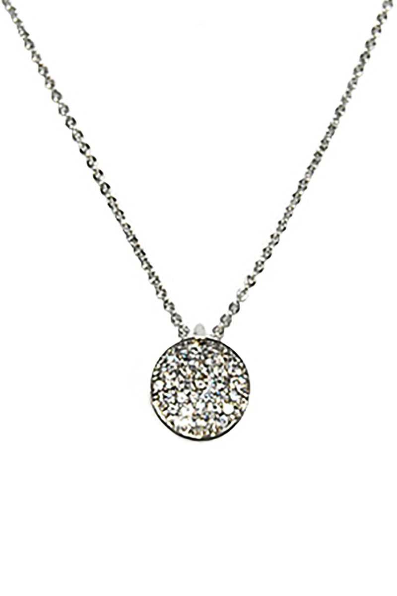 Silver Metal Chain Rhinestone Round Pendant Necklace