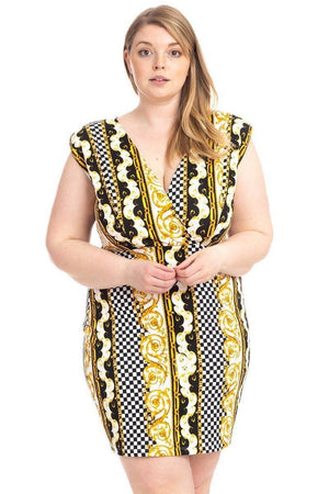 Black & Yellow Plus Size Boarder Print V-neck Bodycon Dress