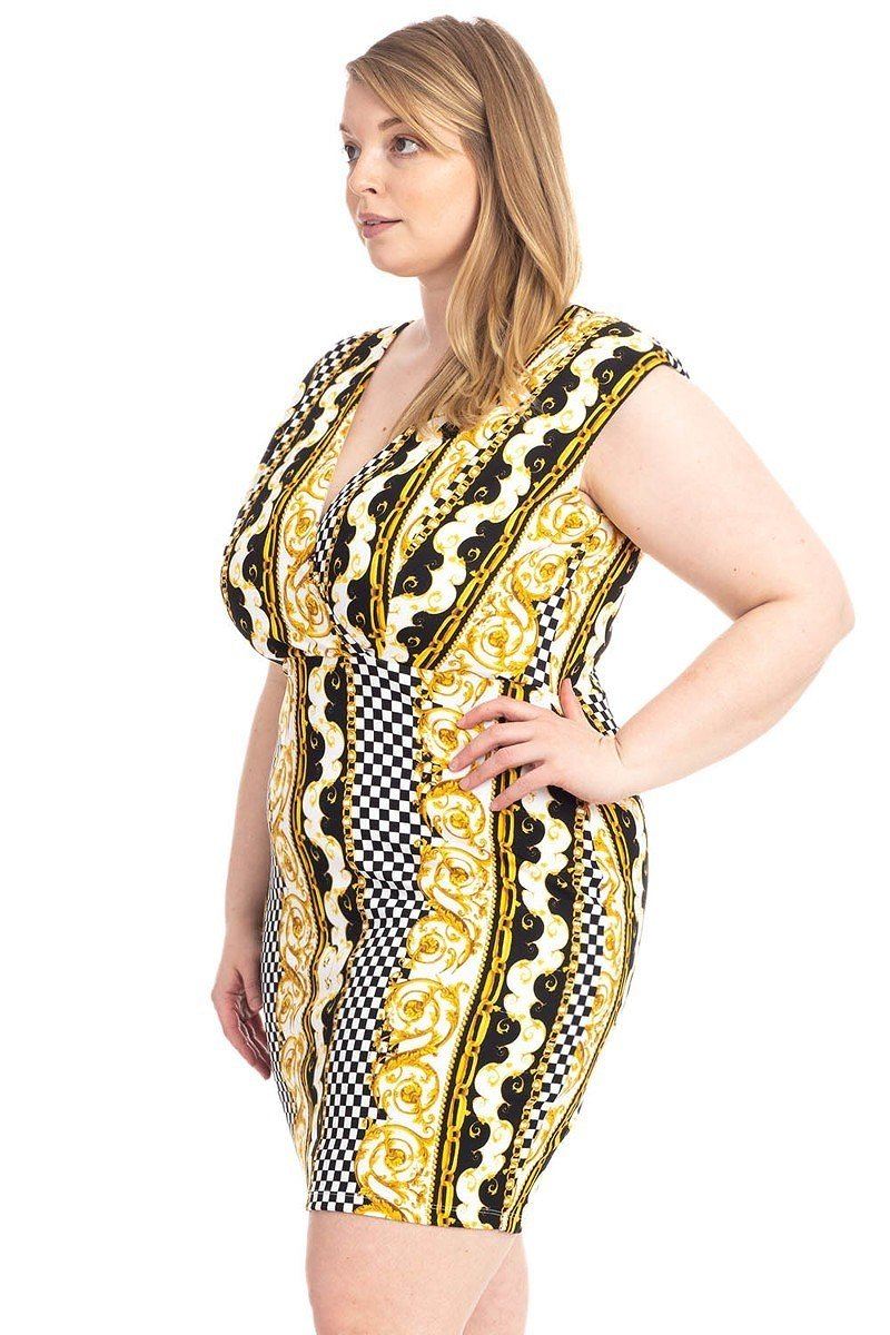 Black & Yellow Plus Size Boarder Print V-neck Bodycon Dress