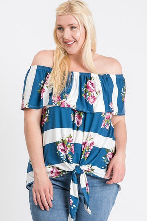 Dusty Blue Off Shoulder Ruffled Front Tie Top