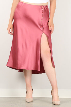 Pink Solid High-waist Skirt With Button Trim & Side Slit