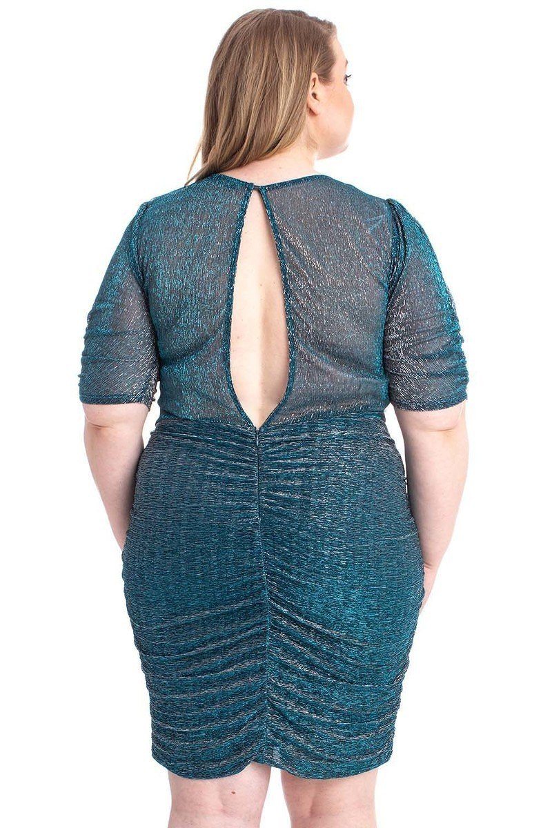 Blue Ribbed Shimmer Shirring Mini Dress