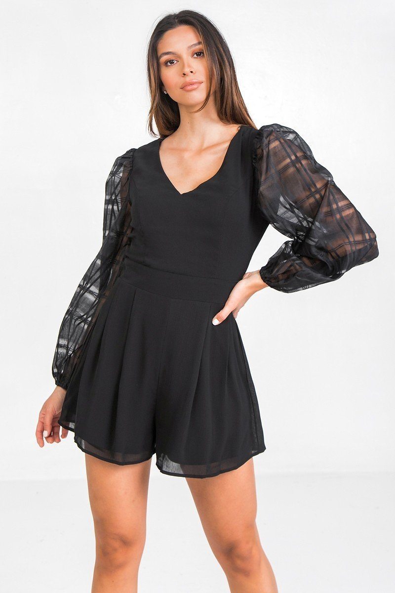 Black V-Neckline Solid Romper