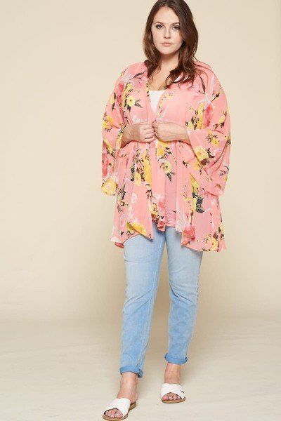 Coral Floral Flowy and Airy Plus Size Kimono