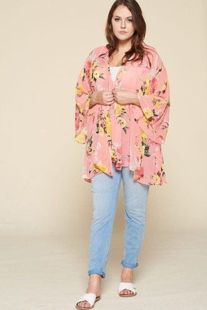 Coral Floral Flowy and Airy Plus Size Kimono