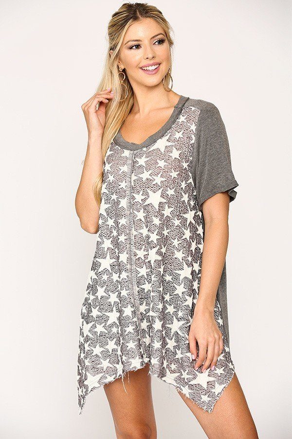 Grey Star Textured Knit Mixed Tunic Top With Shark Bite Hem