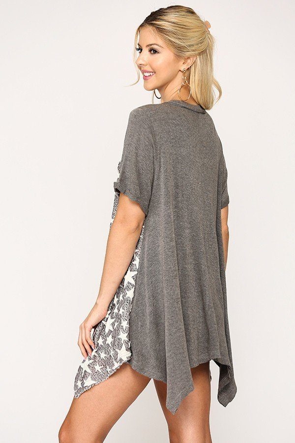 Grey with Star Print Textured Tunic Top