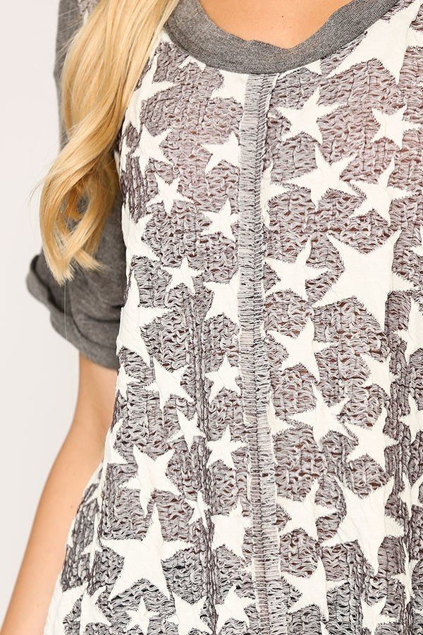 Grey with Star Print Textured Tunic Top