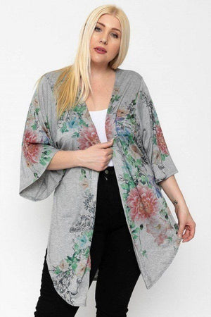 Grey Floral Print Long Body Cardigan