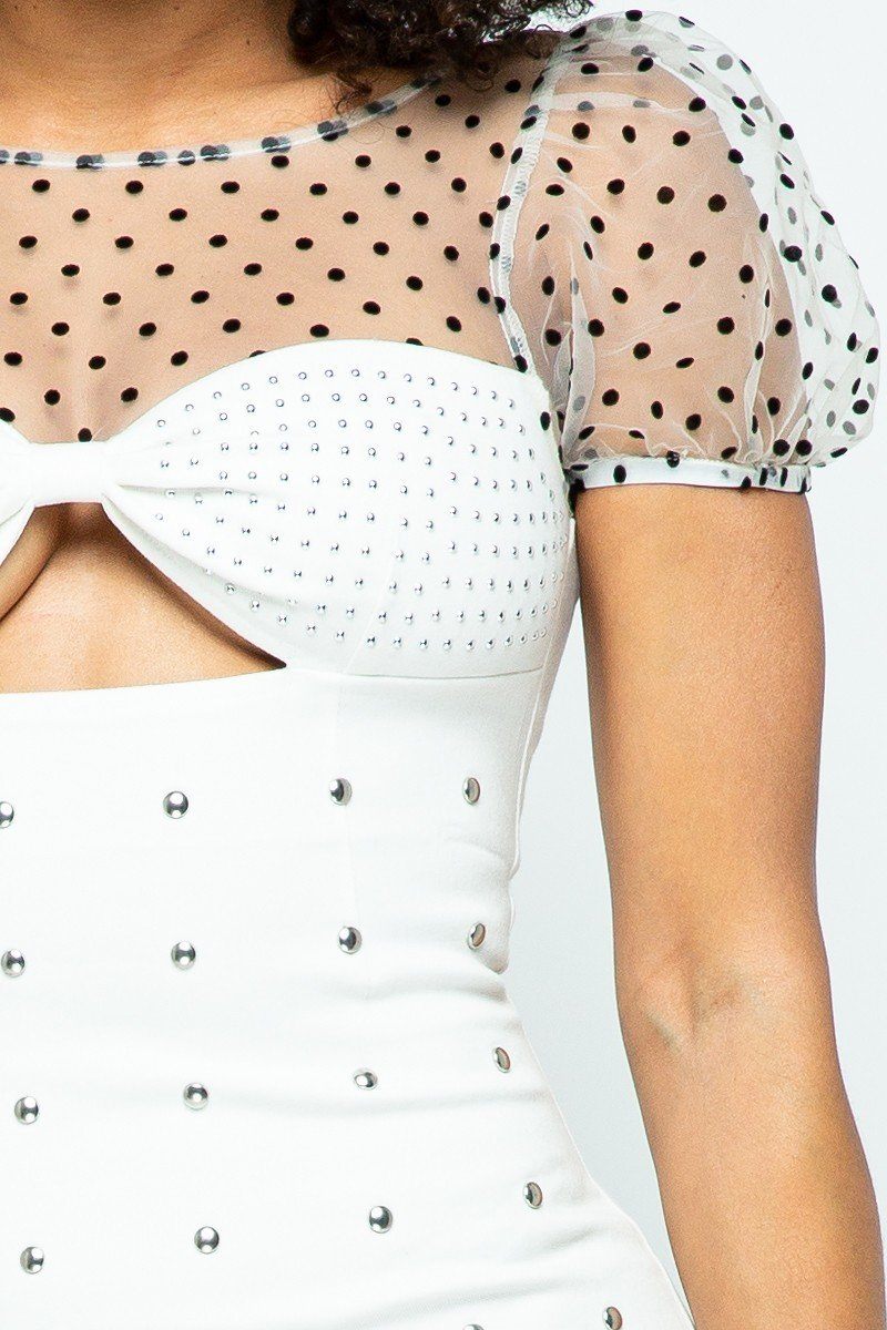 White Stretchable Tight Mini Dress With Hot-fix Details & Center Back Open Zippered