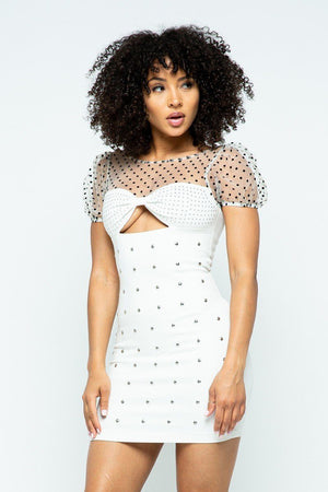 White Stretchable Tight Mini Dress With Hot-fix Details & Center Back Open Zippered