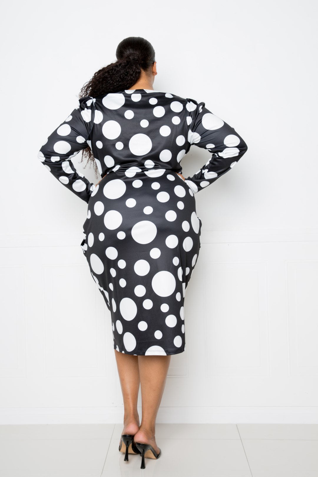 White Polka Dot Drop Waist Ruched Midi Dress