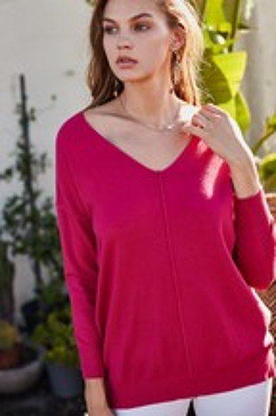Rose Red V-Neck 3/4 Sleeve Side Slit Hi-lo Sweater