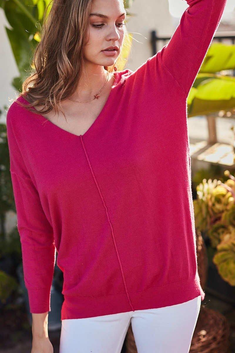 Rose Red V-Neck 3/4 Sleeve Side Slit Hi-lo Sweater