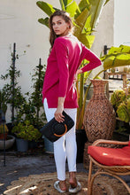 Rose Red V-Neck 3/4 Sleeve Side Slit Hi-lo Sweater