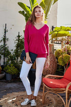 Rose Red V-Neck 3/4 Sleeve Side Slit Hi-lo Sweater
