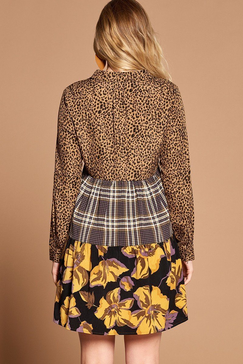 Brown Cheetah Print Button-down Collard Shirt Dress