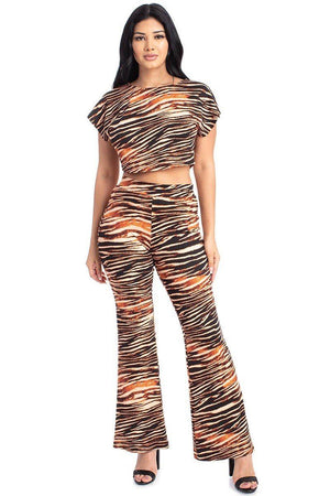 Tiger Zebra Print Crop Top And Palazzo Women's Pants Set