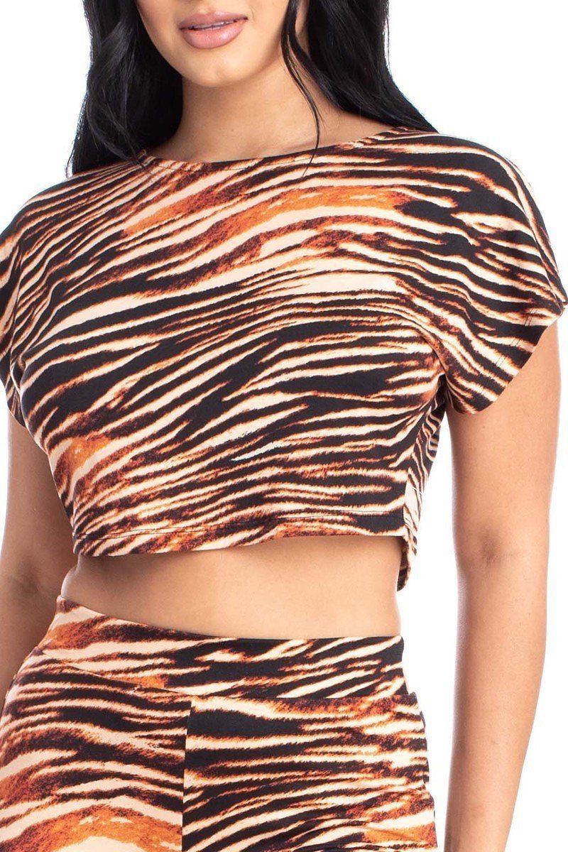 Tiger Zebra Print Crop Top And Palazzo Women's Pants Set