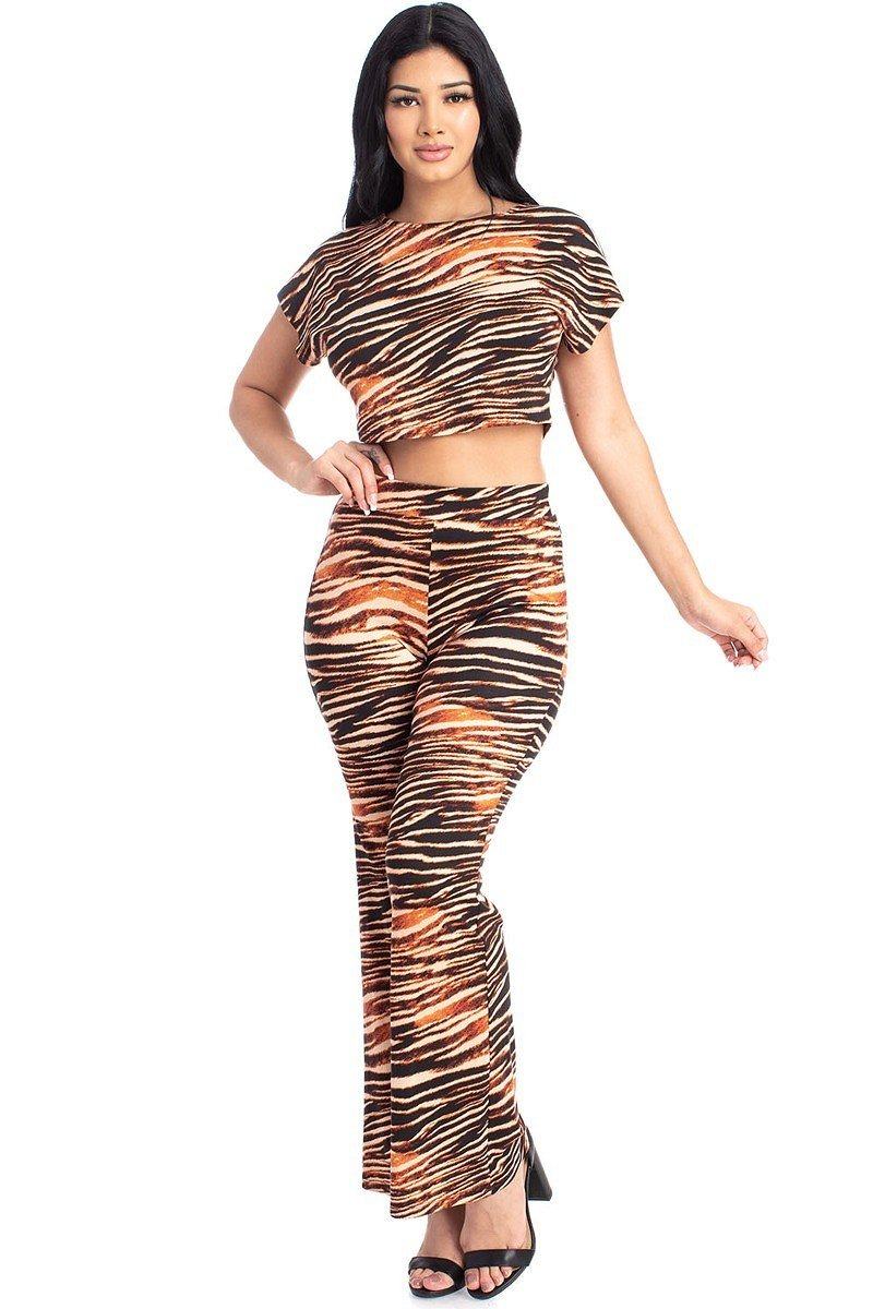Tiger Zebra Print Crop Top And Palazzo Women's Pants Set
