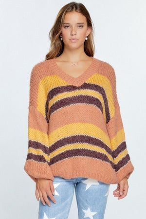 Stripe Cozy Thick Knit V-neck Pullover Sweater