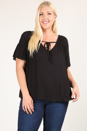 Black Pleated Detail Plus Size Solid Top With A Necktie & Flutter Sleeves