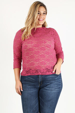 Pink Plus Size Sheer Lace Fitted Top