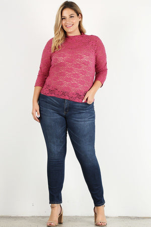 Pink Sheer Lace Fitted Plus Size Top