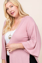Mauve Plus Size Solid Hacci Brush Open Front Long Cardigan With Bell Sleeves