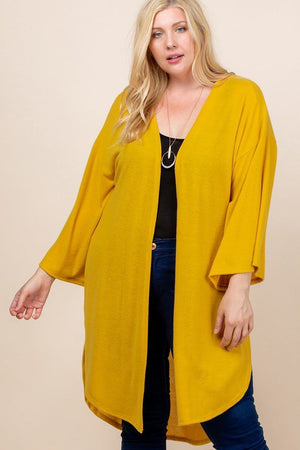Mustard Plus Size Solid Hacci Brush Open Front Long Cardigan With Bell Sleeves