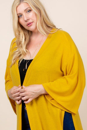 Mustard Plus Size Solid Hacci Brush Open Front Long Cardigan With Bell Sleeves