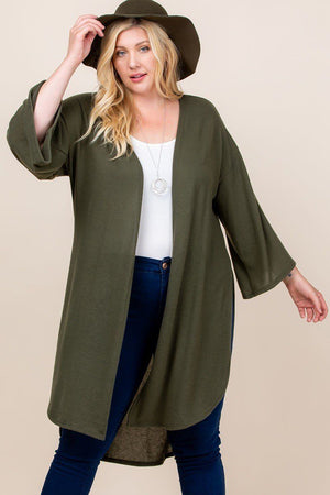 Olive Plus Size Solid Hacci Brush Open Front Long Cardigan With Bell Sleeves
