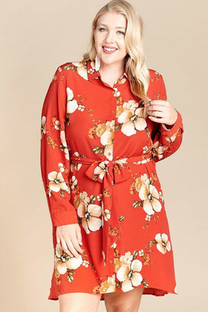 Brown Rust Floral Woven Button-down Collared Shirt Dress