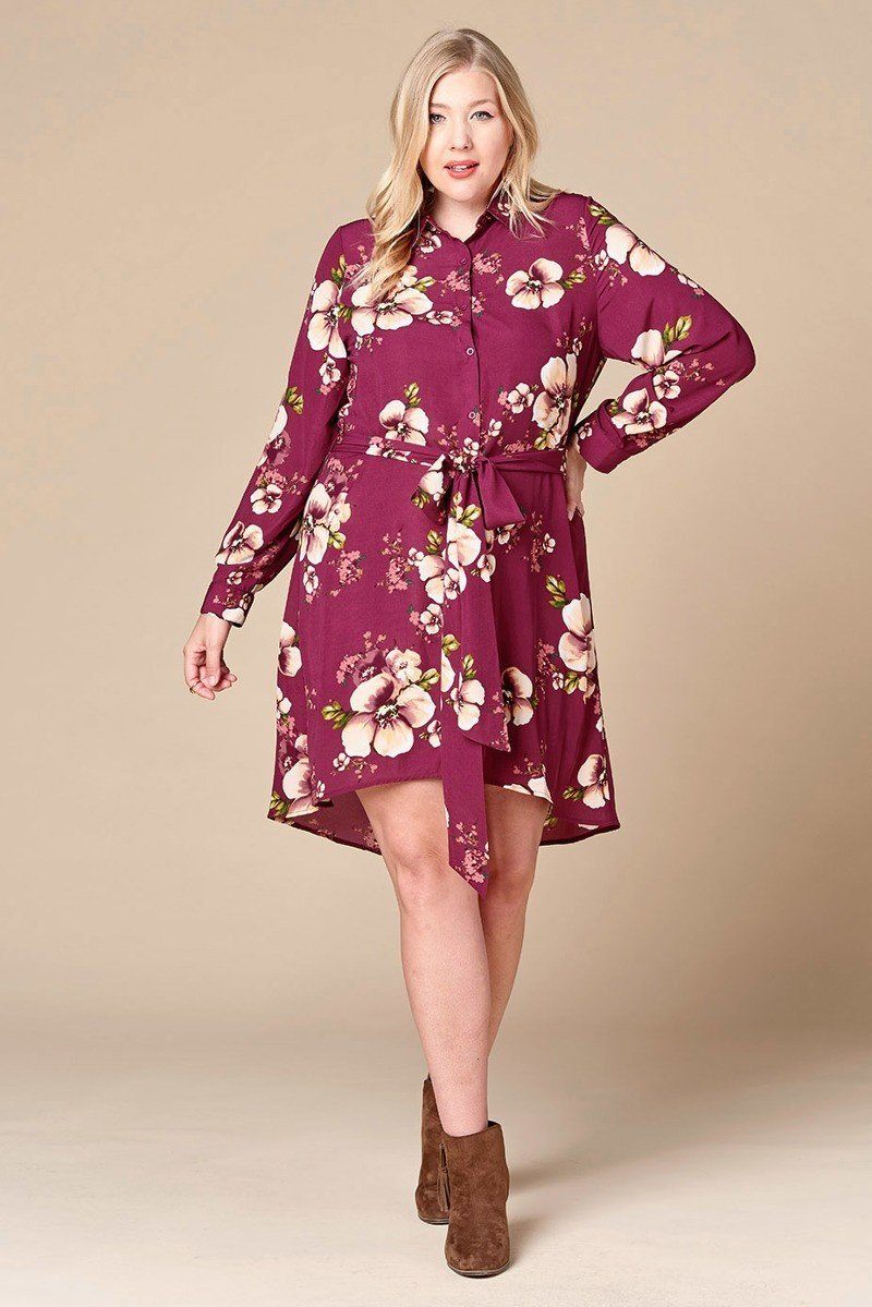 Purple Floral Woven Button-down Collared Shirt Dress