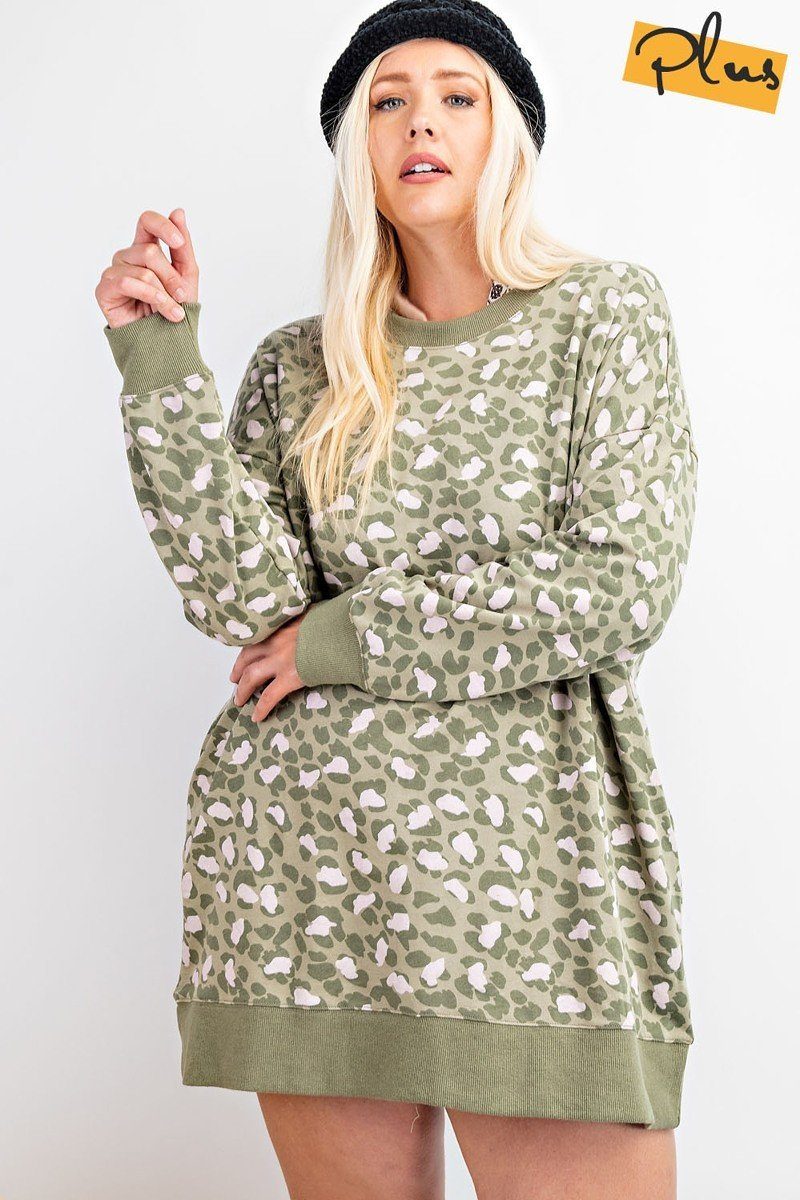 Faded Sage Leopard Printed Terry Knit Dress