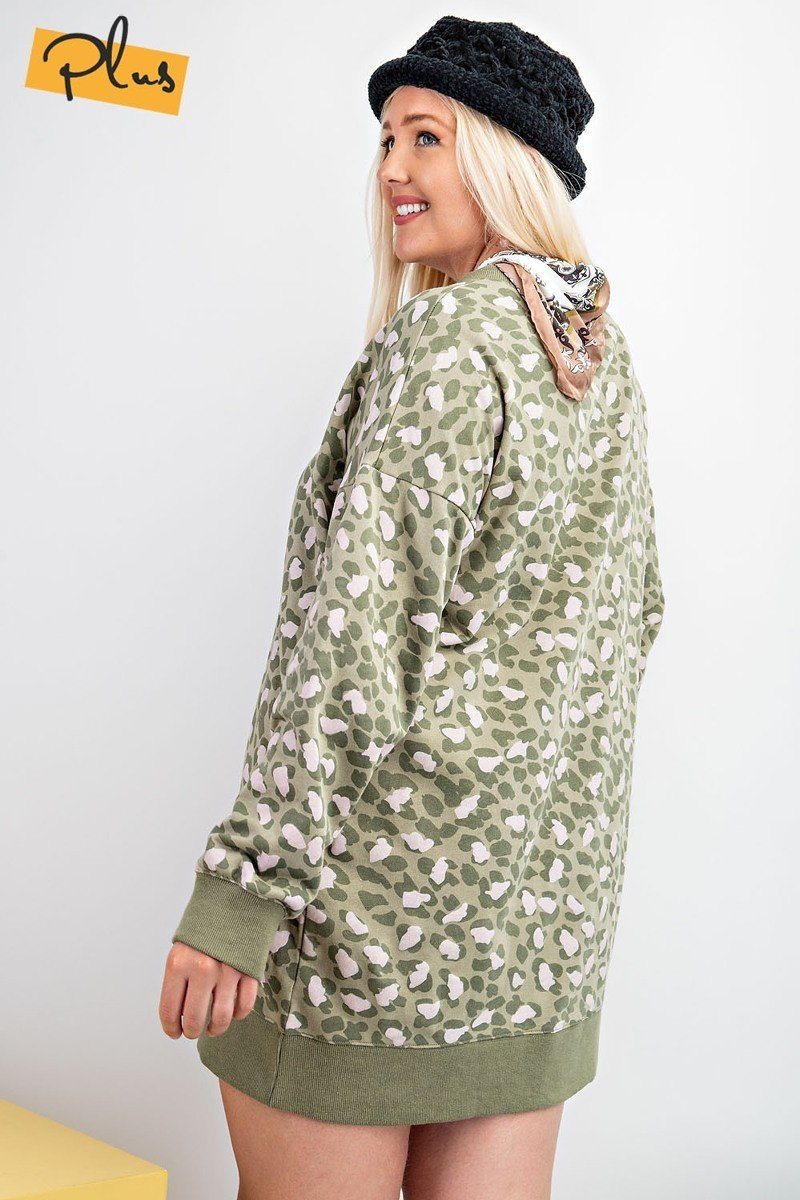 Faded Sage Leopard Printed Terry Knit Dress