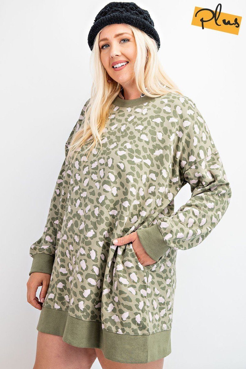 Faded Sage Leopard Printed Terry Knit Dress