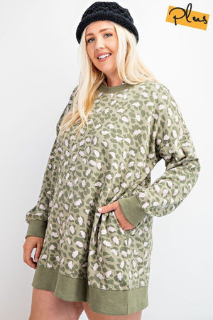 Faded Sage Leopard Printed Terry Knit Dress