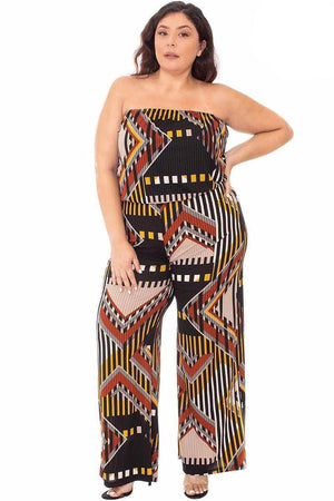 Black Abstract Print Tupbe Top Plus Size Women's Jumpsuit