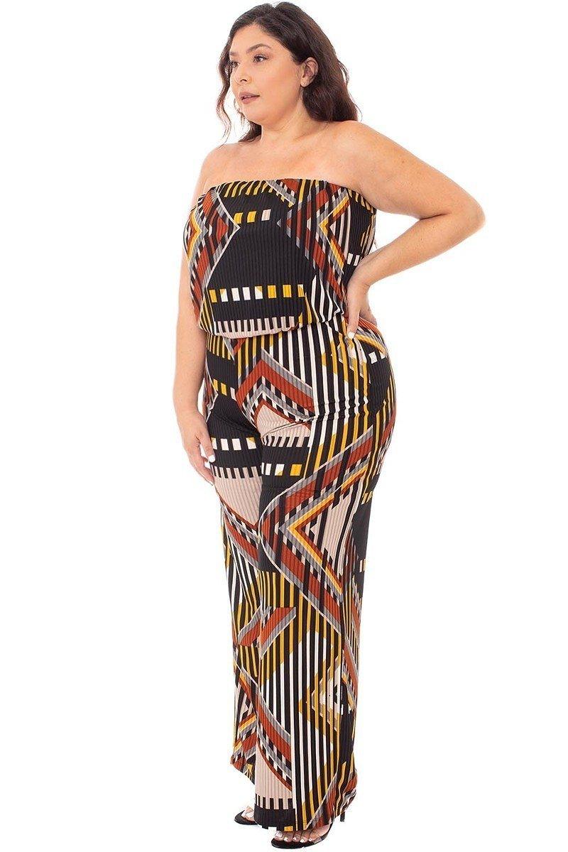 Black Abstract Print Tupbe Top Plus Size Women's Jumpsuit