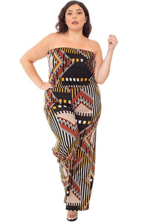 Black Abstract Print Tupbe Top Plus Size Women's Jumpsuit