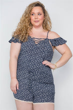Navy Plus Size Floral Print Lace Up Women's Romper