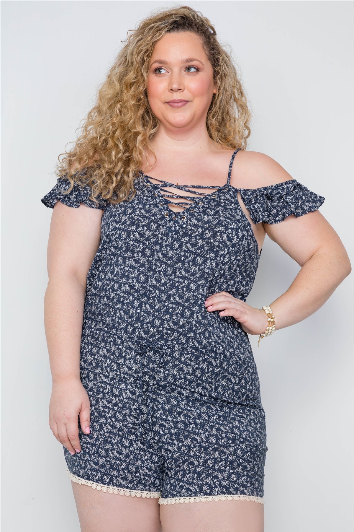 Navy Plus Size Floral Print Lace Up Women's Romper