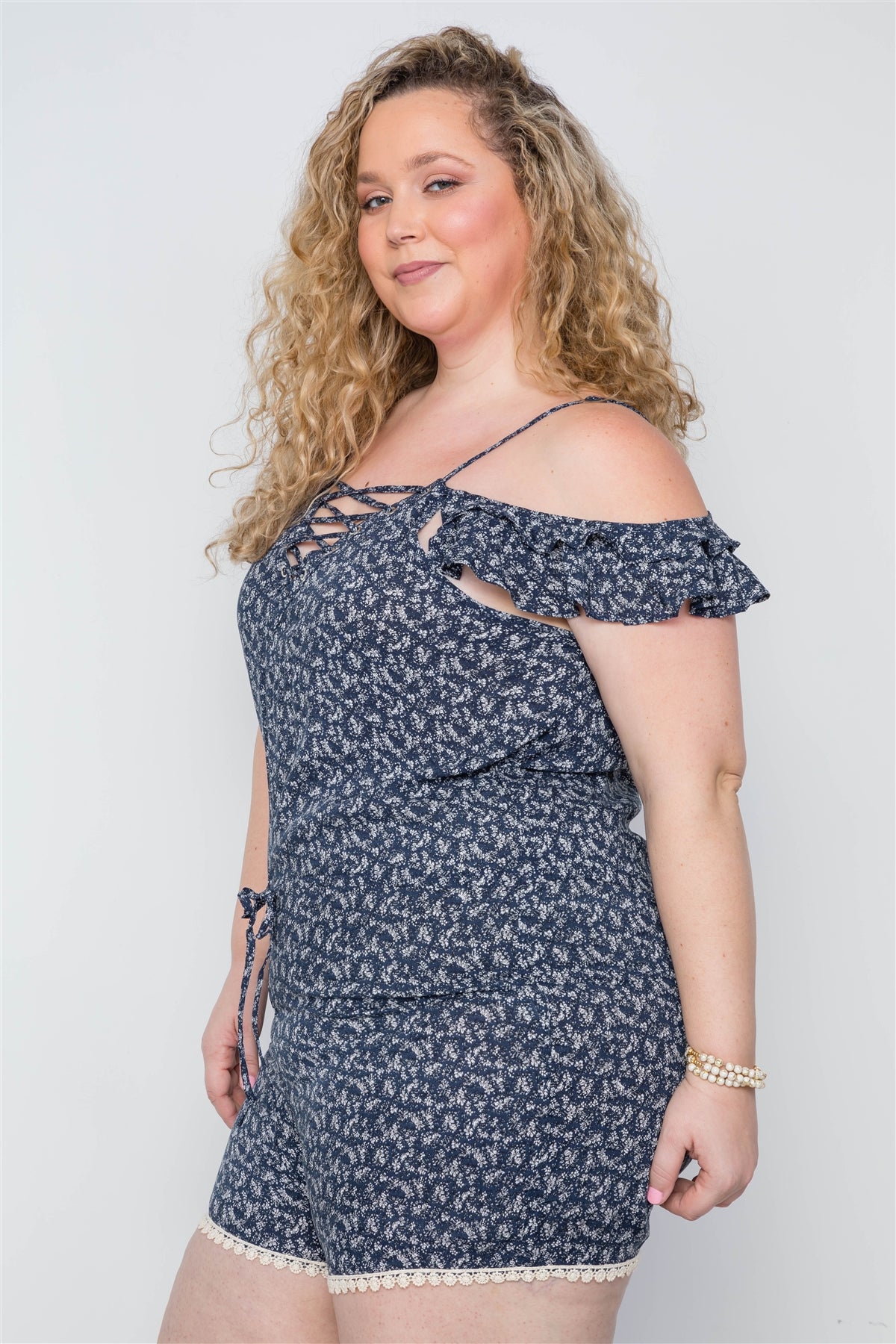 Navy Plus Size Floral Print Lace Up Women's Romper