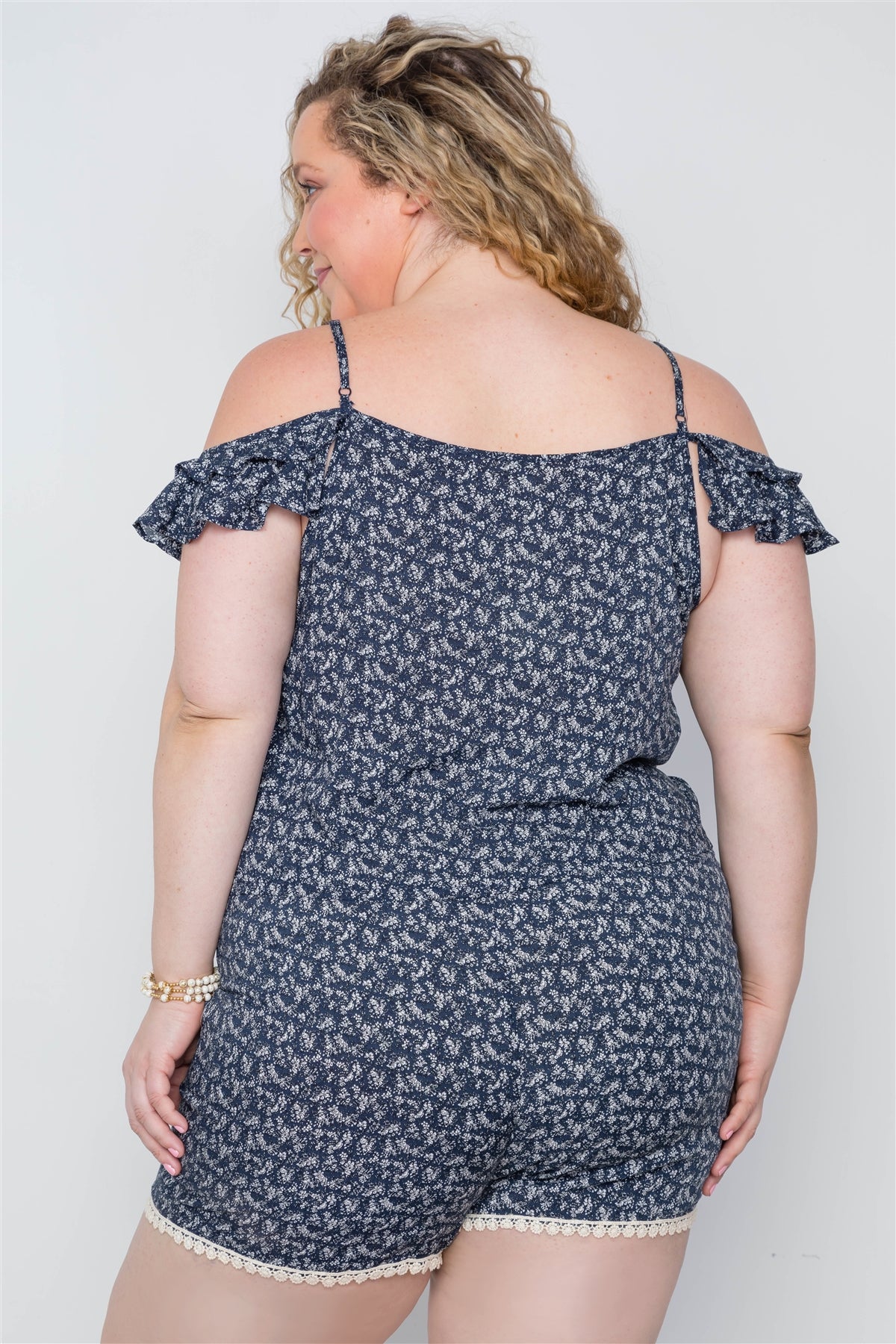 Navy Plus Size Floral Print Lace Up Women's Romper