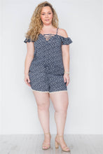 Navy Plus Size Floral Print Lace Up Women's Romper