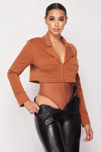 Camel Women's Deep-v Cropped Power Shoulder Blazer Bodysuit