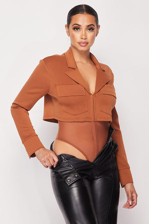 Camel Women's Deep-v Cropped Power Shoulder Blazer Bodysuit