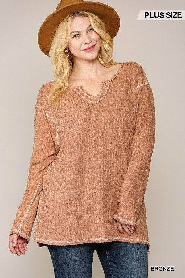Brown Two-tone Ribbed Tunic Top With Side Slits