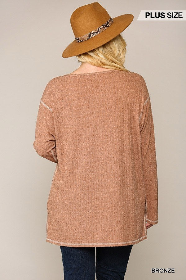 Brown Two-tone Ribbed Tunic Top With Side Slits